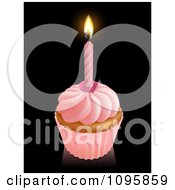 3d Pink Frosted Birthday Cupcake With A Lit Candle