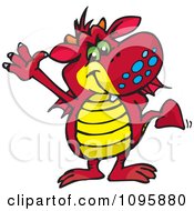 Clipart Friendly Red Dragon Holding A Hand Up Royalty Free Vector Illustration