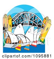 The Australian Sydney Harbor Bridge And Opera House With Sailboats Over Blue