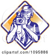 Clipart Retro Film Crew Cameraman Over A Diamond Of Rays Royalty Free Vector Illustration