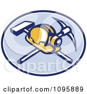 Clipart Retro Coal Miner Hard Hat And Head Lamp With A Crossed Pickaxe And Sledge Hamme In A Blue Oval Royalty Free Vector Illustration by patrimonio #COLLC1095889-0113