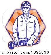 Poster, Art Print Of Retro Worker Holding Angle Grinder Tool Over Rays