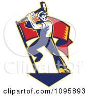 Clipart Retro Factory Worker Swinging A Sledge Hammer Over A Red Banner Flag Royalty Free Vector Illustration
