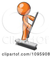 Orange Man Janitor Cleaning With A Push Broom