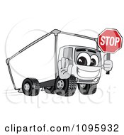 Delivery Big Rig Truck Mascot Character Holding A Stop Sign