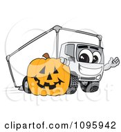 Delivery Big Rig Truck Mascot Character With A Halloween Pumpkin