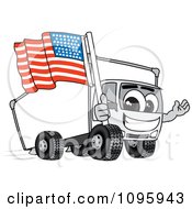 Delivery Big Rig Truck Mascot Character Holding An American Flag