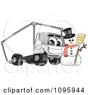 Poster, Art Print Of Delivery Big Rig Truck Mascot Character With A Snowman