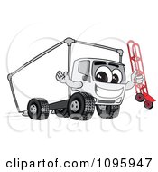 Delivery Big Rig Truck Mascot Character Holding A Dolly