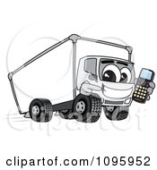 Delivery Big Rig Truck Mascot Character Holding A Cell Phone