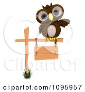 3d Brown Owl Pointing And Perched On A Sign