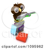 Poster, Art Print Of 3d Brown Owl Reading On A Stack Of Books