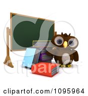 Poster, Art Print Of 3d Brown Owl With Books By A Chalk Board