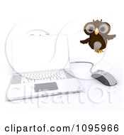 Poster, Art Print Of 3d Brown Owl Flying By A Laptop