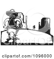 Poster, Art Print Of Wild West Cowboy Sherrif Ready To Duel In The Desert Black And White Woodcut