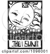 Clipart Sunflower Field And Sun Tarot Card Black And White Woodcut Royalty Free Vector Illustration by xunantunich