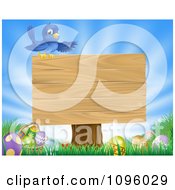 Poster, Art Print Of Blue Bird On Top Of A Blank Sign Over Easter Eggs In Grass Over A Blue Sky