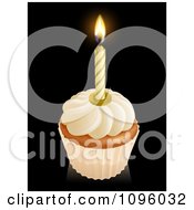 Poster, Art Print Of 3d Vanilla Frosted Birthday Cupcake With A Lit Candle