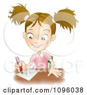 Poster, Art Print Of Happy School Girl Writing At Her Desk