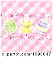 Poster, Art Print Of 3d Striped Easter Eggs And Floral Waves On Pink Gingham