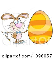 Clipart Happy Bunny Painting An Easter Egg With Orange Stripes Royalty Free Vector Illustration