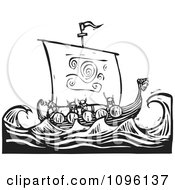 Clipart Viking Warriors And A Dragon Ship At Sea Black And White Woodcut Royalty Free Vector Illustration by xunantunich #COLLC1096137-0119