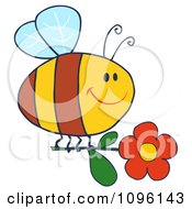 Poster, Art Print Of Happy Bee Flying With A Red Daisy Flower