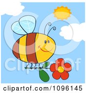 Poster, Art Print Of Happy Bee Flying With A Red Daisy Flower In A Sunny Sky