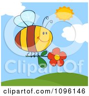 Poster, Art Print Of Happy Bee Flying With A Red Daisy Flower Over Hills