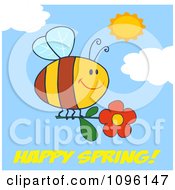 Poster, Art Print Of Happy Spring Greeting Under A Bee Flying With A Red Daisy Flower In A Sunny Sky