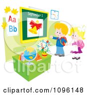 Poster, Art Print Of School Boy And Girl Returning Back To School And Standing In A Class Room