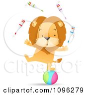 Talented Circus Lion Juggling Pins And Standing On A Ball