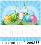 Poster, Art Print Of Decorated Easter Eggs And Snowdrop Flowers Over Blue Rays With Copyspace