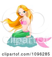 Poster, Art Print Of Beautiful Red Haired Mermaid Sitting On A Rock