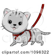 Clipart Cute Gray Cat Walking On A Leash And Harness Royalty Free Vector Illustration