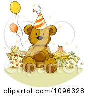 Teddy Bear With A Birthday Cupcake Presents And Party Balloons