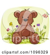 Poster, Art Print Of Cute Brown Teddy Bear Sitting In A Flower Bed