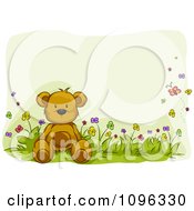 Poster, Art Print Of Teddy Bear Sitting In A Flower Bed With Butterflies And Copyspace