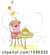 Pink Teddy Bear At A Table With A Birthday Cupcake And Party Balloons