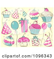 Poster, Art Print Of Beige Pink And Turquoise Party Hats Cupcakes Balloons And Gifts
