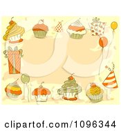 Poster, Art Print Of Party Border Of Balloons Gifts Hats And Cupcakes Over Tan