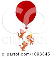 Poster, Art Print Of Three Party Monkeys Floating With A Large Red Balloon