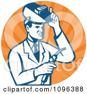 Poster, Art Print Of Retro Male Scientist Welding In A Laboratory Over Orange Rays
