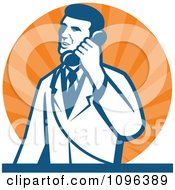 Poster, Art Print Of Retro Male Scientist Talking On A Telephone Over Orange Rays