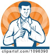 Clipart Retro Male Scientist Adjusting His Tie Over Orange Rays Royalty Free Vector Illustration