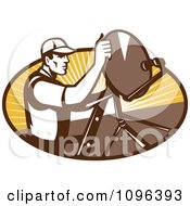 Clipart Retro Satellite Dish Installer Or Repair Man Over An Oval With Rays Royalty Free Vector Illustration