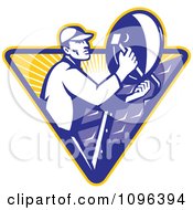 Retro Satellite Dish Installer Or Repair Man Over A Triangle With Rays