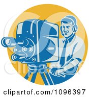 Poster, Art Print Of Happy Retro Film Crew Cameraman Adjusting His Equipment Over A Yellow Circle