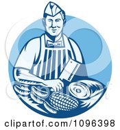 Poster, Art Print Of Retro Woodcut Blue Butcher Holding A Cleaver Knife Over Meats