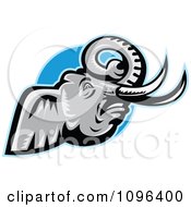 Clipart Retro Angry African Elephant With Tusks Over A Blue Circle Royalty Free Vector Illustration